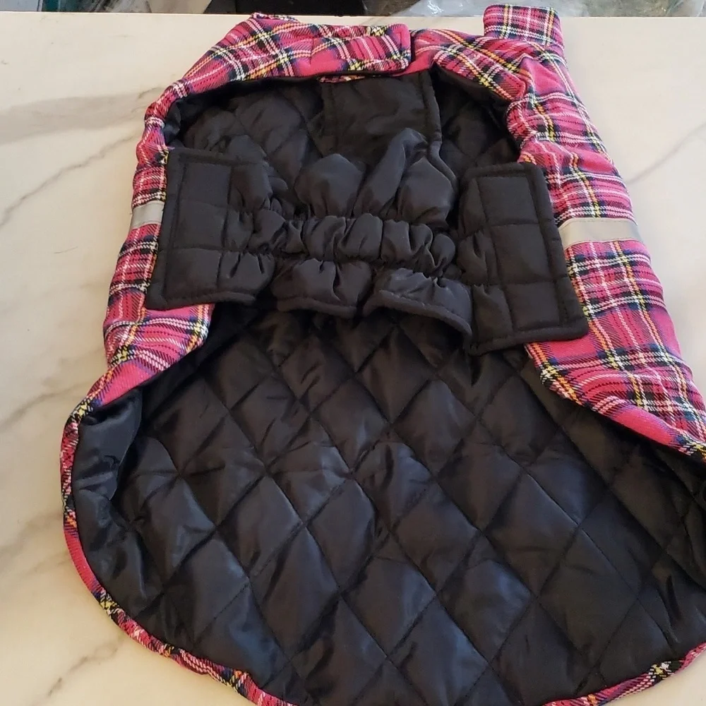 Winter Dog Coat Fuschia Pink Plaid  with Refective Stripe Size XL